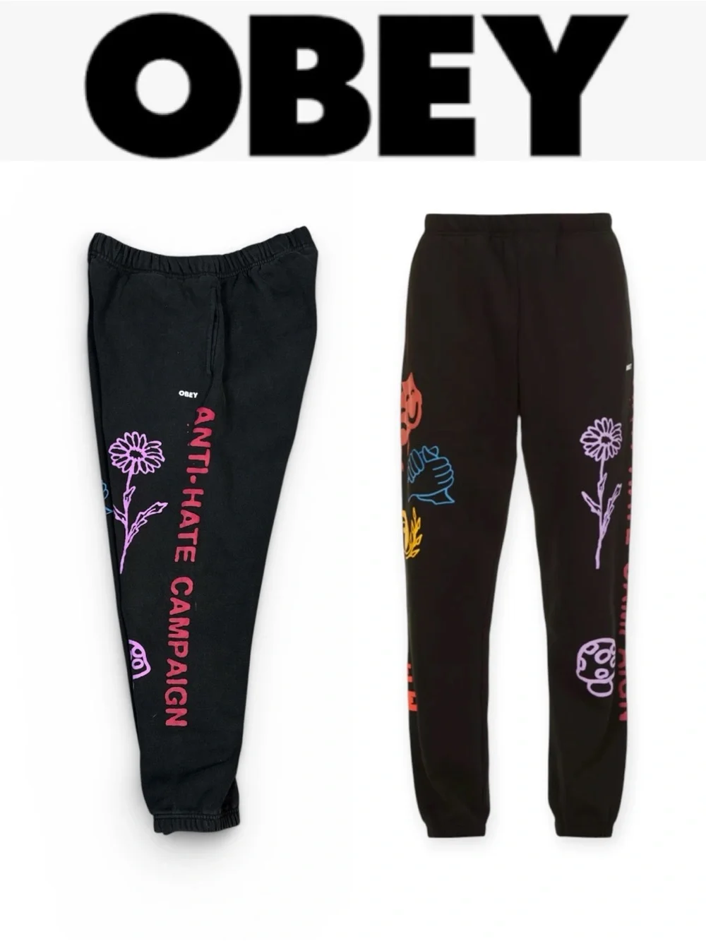 OBEY ANTI HATE UNISEX GRAPHIC JOGGER SWEATPANTS BLACK STREETWEAR PUNK GRUNGE